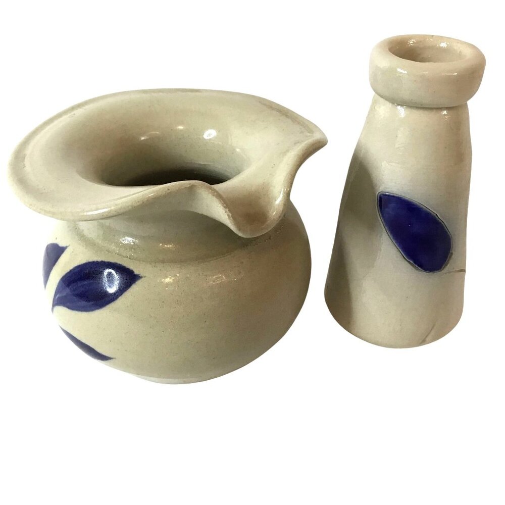 WILLIAMSBURG POTTERY Stoneware Mini Creamer Bud Vase Set Blue Leaf Handcrafted
